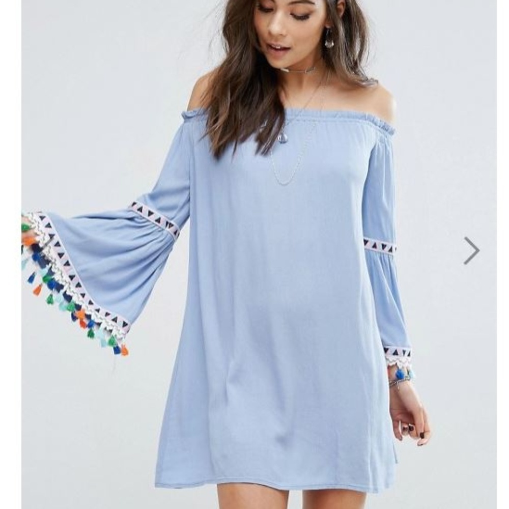 ASOS Blue Off Shoulder Dress w/Rainbow Tassels